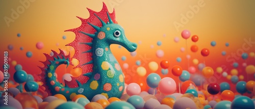 Closeup portrait of mythical seahorse plastic figurine with vibrant round polka dots  childhood playtime toy  fantasy wonderland ocean guardian - generative AI