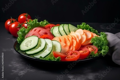 Freshly sliced vegetables, salad with cucumber, tomato, and lettuce. Generative AI