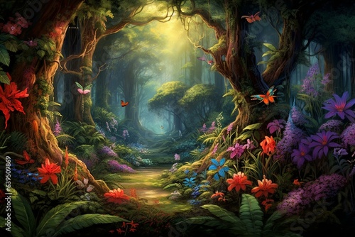 A serene forest scene complete with a colorful flora and fauna showcase including birds, peacocks, butterflies, and insects. Generative AI © Fallon