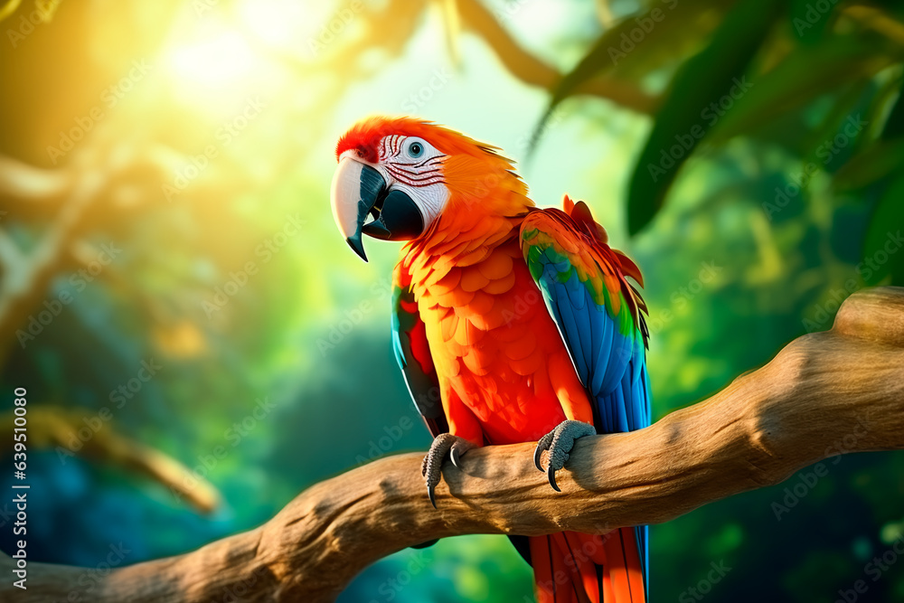 A beautiful colorful parrot on a tree branch in the forest 