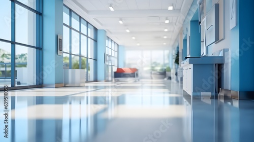 Light blurred background. The hall of an office or medical institution with panoramic windows and a perspective. Generative Ai
