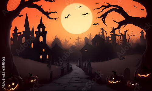 halloween background with old castle and cemetery ai generated photo