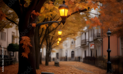 street lamp in autumn tree ai generated