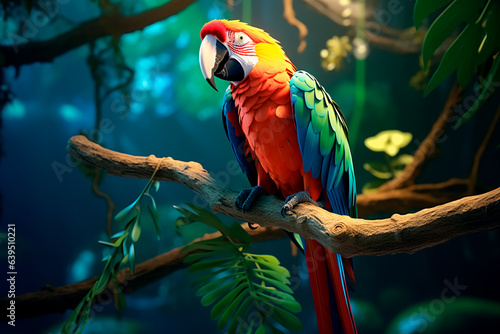 A beautiful colorful parrot on a tree branch in the forest photo