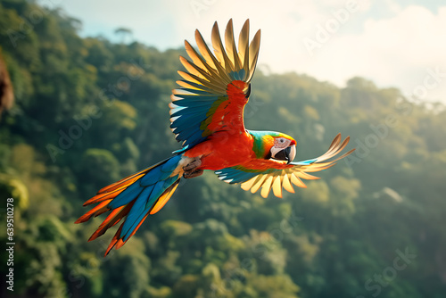A colorful parrot is flying in the tropical forest © Uliana