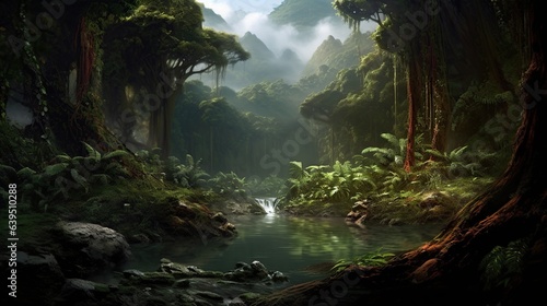 Fantasy landscape with a waterfall in the jungle © ismodin