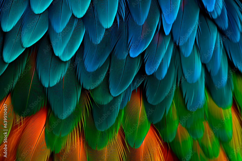 Fototapeta premium Colorful parrot feathers close-up. Parrot feathers background