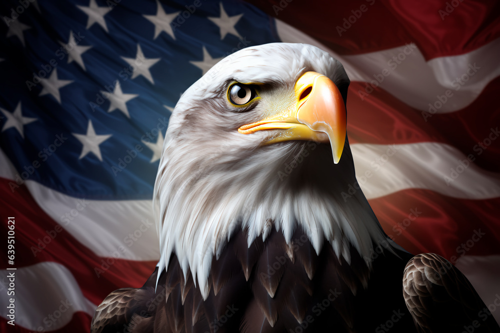 Naklejka premium Eagle on the background of the USA flag. Symbol of the United States of America