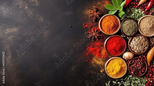 Different kind of spices on a black stone background with copy space