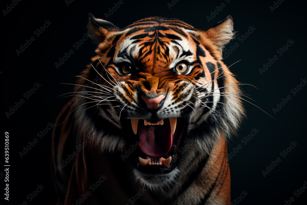 Angry tiger face. Angry and dangerous tiger roars
