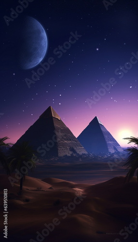 Great Pyramid of Giza, night, moon