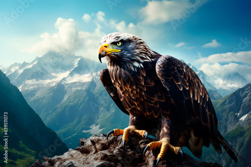 An eagle sits on a stone against a background of mountains. A bird in the wild. Symbol of the USA