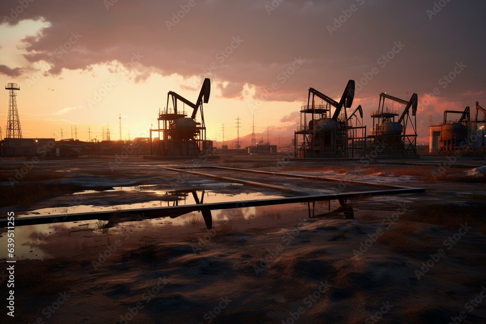 An oil field site at dusk with oil pumps and a truck. Generative AI