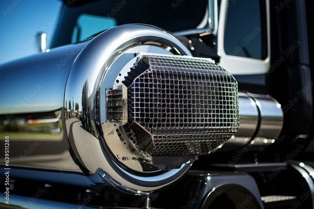 Detailed view of immaculate diesel particulate filter (DPF) installed on a truck. Generative AI - obrazy, fototapety, plakaty 