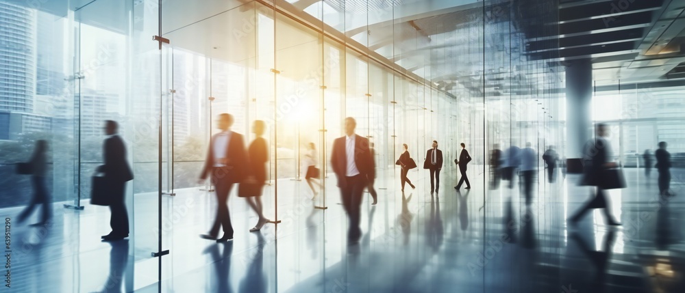 Blurred business professionals at a trade fair or walking in the morning Blurred business professionals at a trade fair or walking in the morning