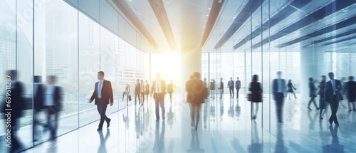 Blurred businesspeople in a modern glass office