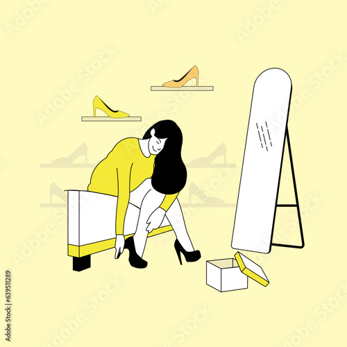 Young woman trying on new shoes in a store with a large mirror and shoe rack behind it. Illustration concept for shopping, promo, shop, online shop. Flat cartoon vector illustration.