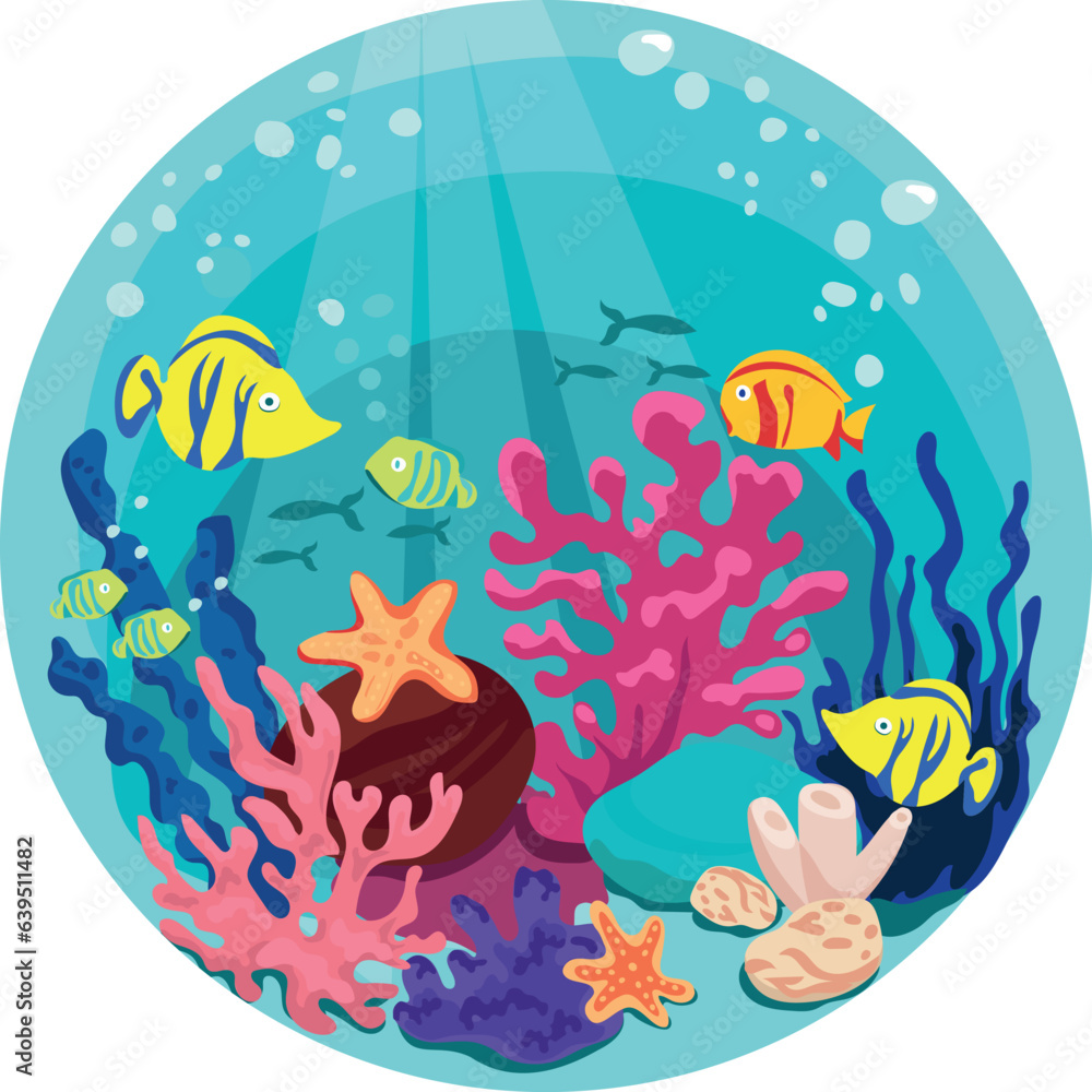 Underwater ocean life round vector illustration.