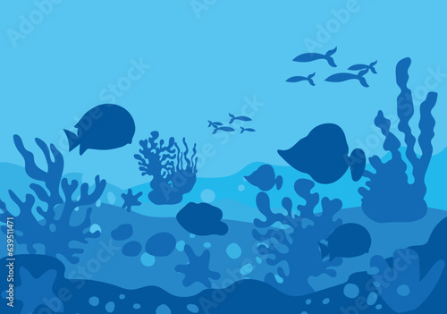 Underwater ocean fishes and corals silhouette vector background.