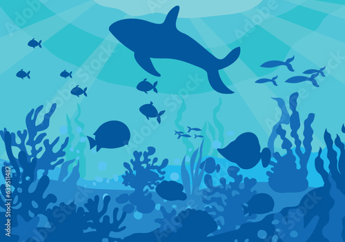 Undersea life silhouette vector background.