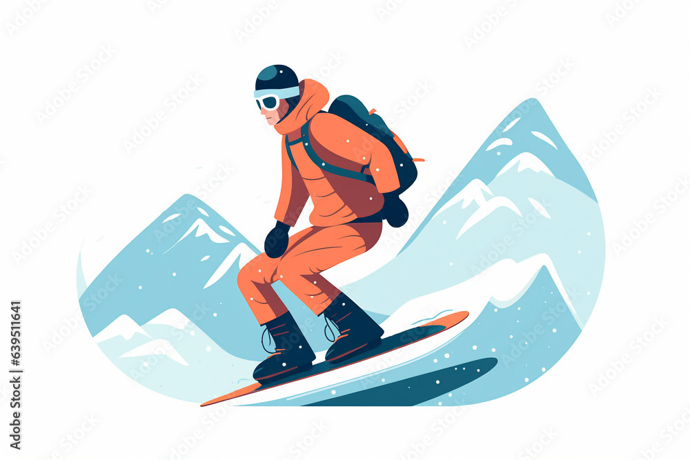 Snowboarding champion, cartoon sticker, sketch. snowboarder riding boards at snowy mountainsides or slopes. Man in winter outfit sliding and jumping with snowboards. Outdoor sports activity. 