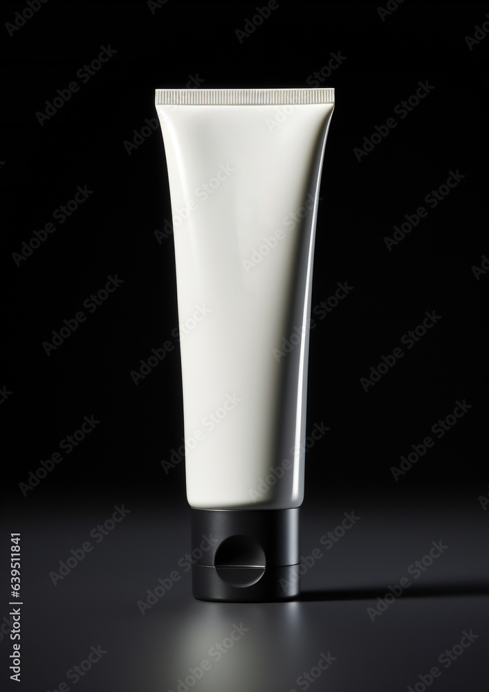 Empty white tube mockup of a cosmetic product on a dark background Empty white tube mockup of a cosmetic product on a dark background