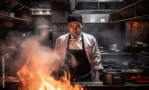 Chef in an Asian restaurant kitchen with flames and smoke on the stove