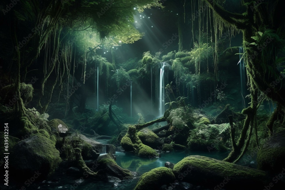 Enchanting forest waterfalls create a surreal fantasy scene at night. Generative AI