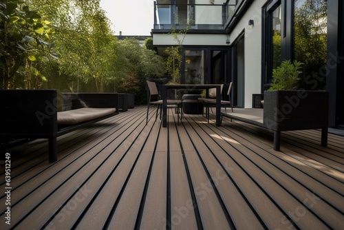 Outdoor area featuring terrace furnished with composite decking boards and outdoor furniture. Generative AI