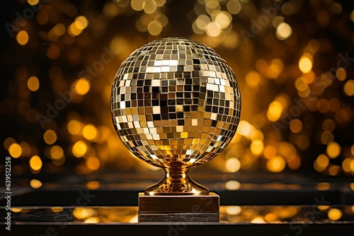 Shiny golden trophy with mirrored disco ball reflection. Generative AI