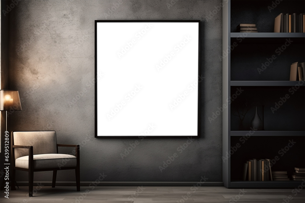 Dark gallery room interior with drawer and decoration, mockup frame Dark gallery room interior with drawer and decoration, mockup frame