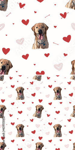 Golden retriever dog smiling face. Golden Retriever Peeking dog. Valentine's day pattern with dogs and red hearts on a white background.  Labrador, Lab head. Love background with characters, gift.