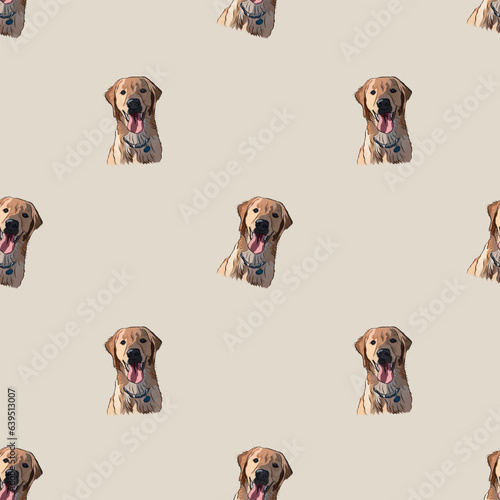 Golden retriever dog smiling face. Golden Retriever Peeking dog. Happy Face Puppy, Pet detailed artwork, Labrador, Lab logo. Seamless pattern with dogs, holiday texture. Dog Packaging wrapping paper. © Natalia