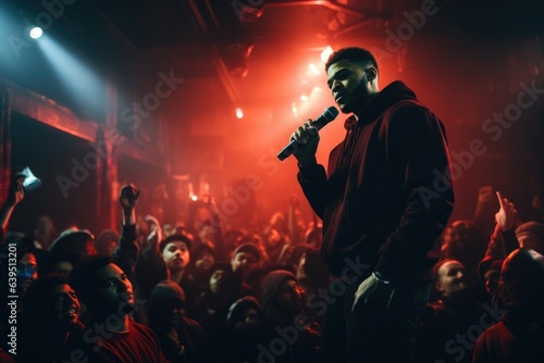 Rapper with microphone in hand and audience looking