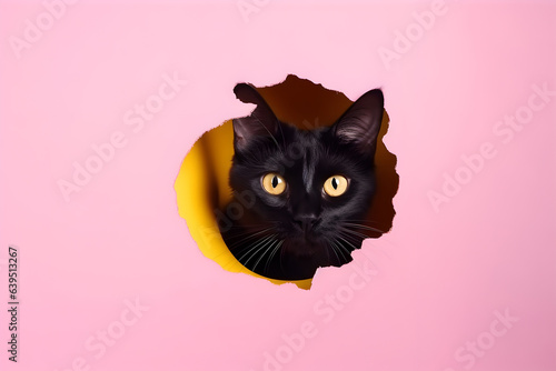 Funny black cat looks through a torn hole in pink paper. © Nadezda Ledyaeva