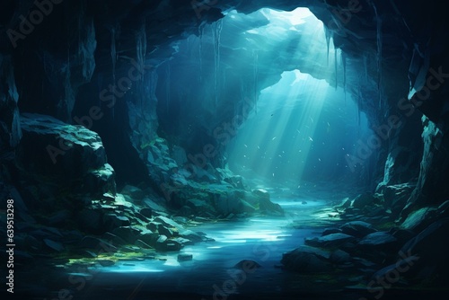 Underwater cavern hidden beneath the surface. Generative AI