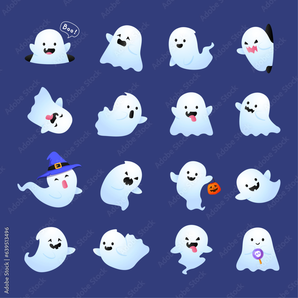 Set of illustration of ghosts vector flat illustration. Collection of cute funny halloween cartoon ghost character with different poses on dark background.