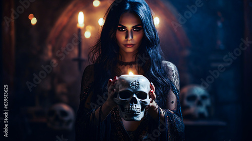 Defocused Portrait of a beautiful young woman in the image of a witch with a skull. Halloween.