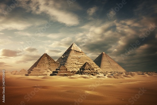 Artistic interpretation of the Giza Pyramids. Generative AI