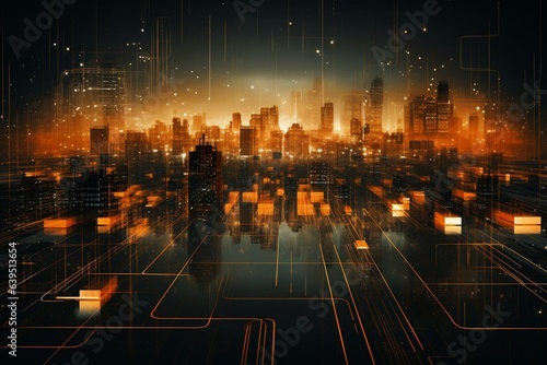Abstract artwork featuring circuit board cities illuminated by orange lights in a nighttime setting. Depicts technological connections and networks. Generative AI