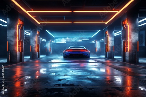 An underground garage with neon lights, grunge sci-fi vibes, blue and orange colors, concrete and brick walls, and a futuristic feel. Generative AI