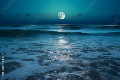 The brilliant full blue moon emerges above the serene ocean, forming glimmers on the waves. Generative AI