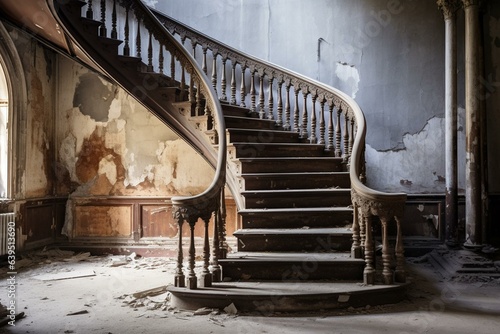 A worn staircase in an old apartment building. Generative AI