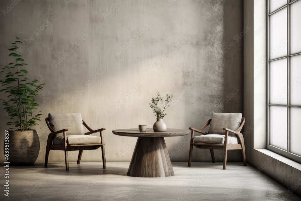 Beige minimalist interior design with chairs and a table Stock Photo ...
