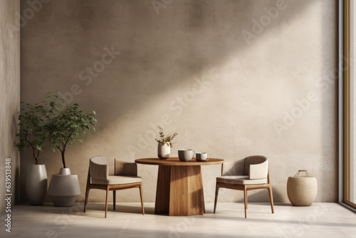 Beige minimalist interior design with chairs and a table