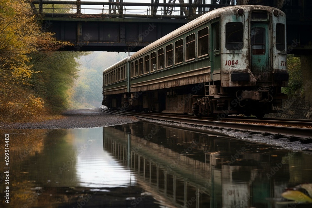 An empty train abandoned in Japan crossing a river under a bridge. Generative AI