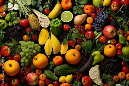 Repeating blend of fruits and vegetables used as a backdrop. Generative AI © Endellion