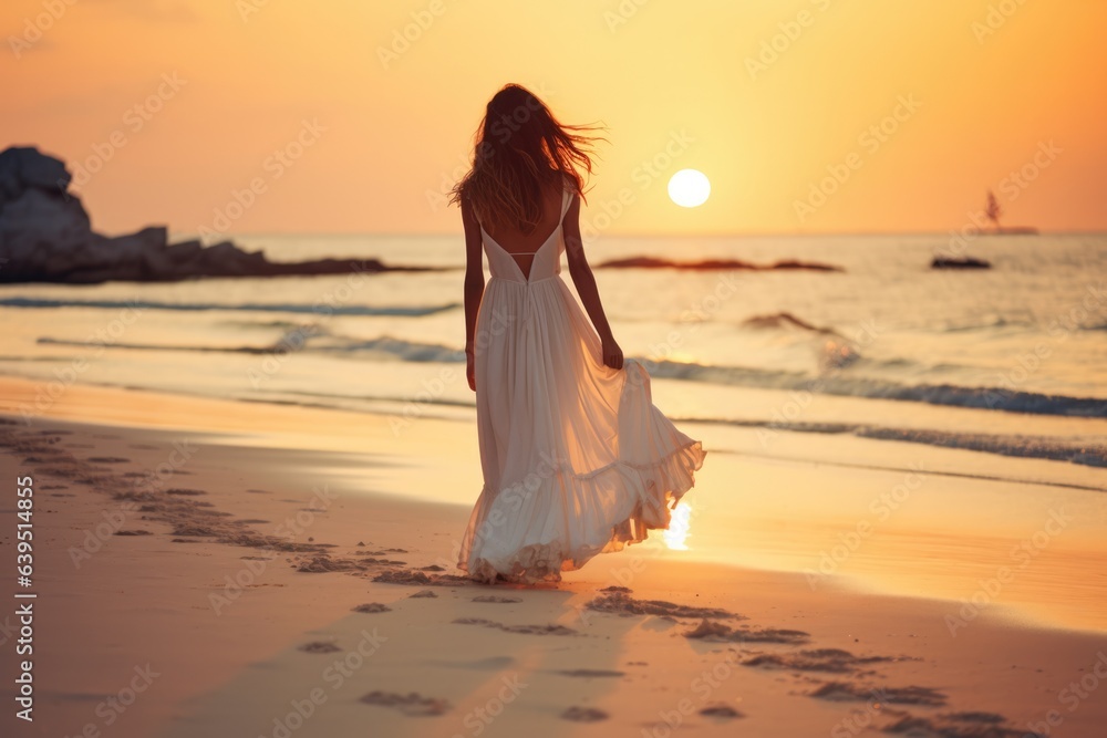 Beautiful Asian Woman Wear White Festive Dress Walking On A White Sand Beach At Sunset . Сoncept Asian Beauty, White Festive Dress, White Sand Beach, Sunsets