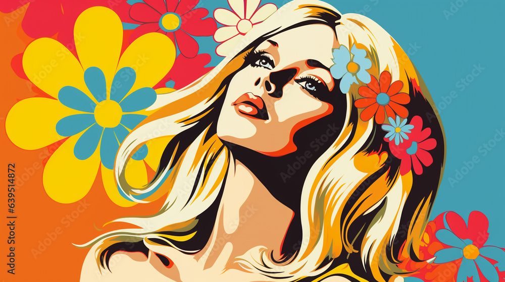 Hippie girl in pop art comic style, retro hippie woman with blonde hair and flower vector illustration, Created using generative AI tools Hippie girl in pop art comic style, retro hippie woman with blonde hair and flower vector illustration, Created using generative AI tools
