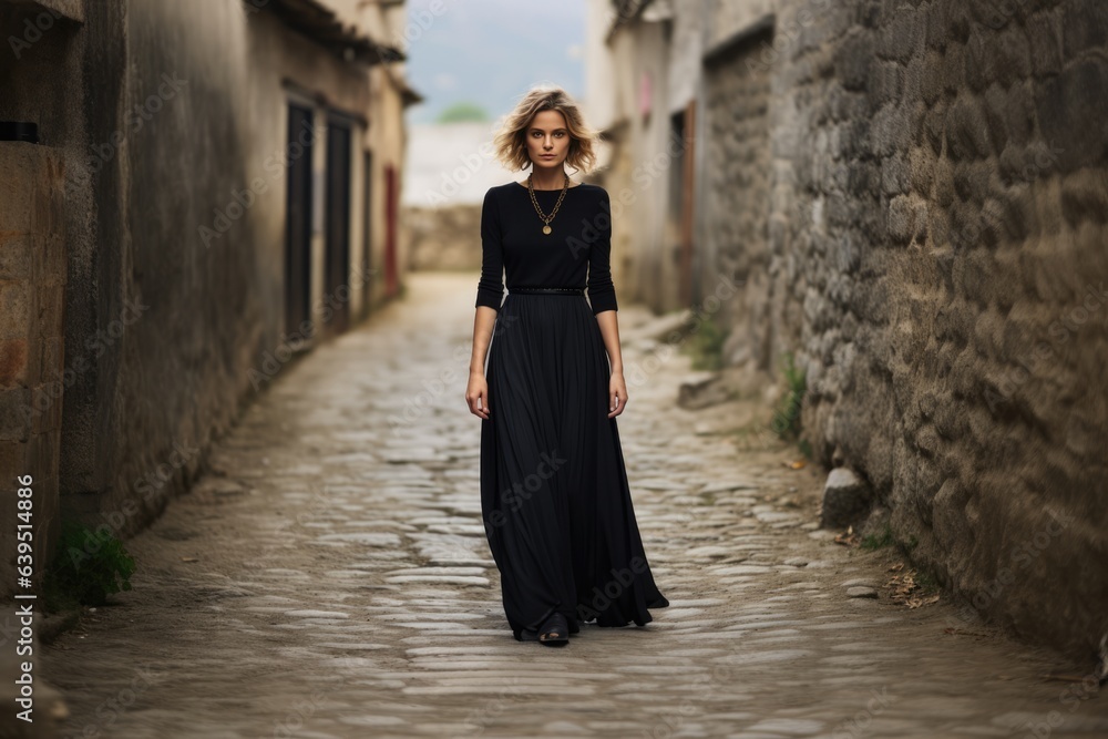 Confused Sad Indignant Woman Wear Black Long Dress Walking On Background On A Cobbled Path In Oye . Сoncept Sad Women In Black, Confusion In Dresses, Indignation On Paths, Oye Cobblestones